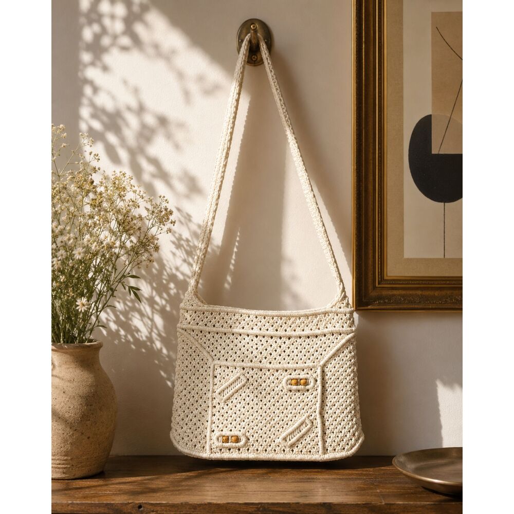 Vintage Chinese Hand Crochet Shoulder Bag Ivory Boho Macrame Wooden Bead Purse